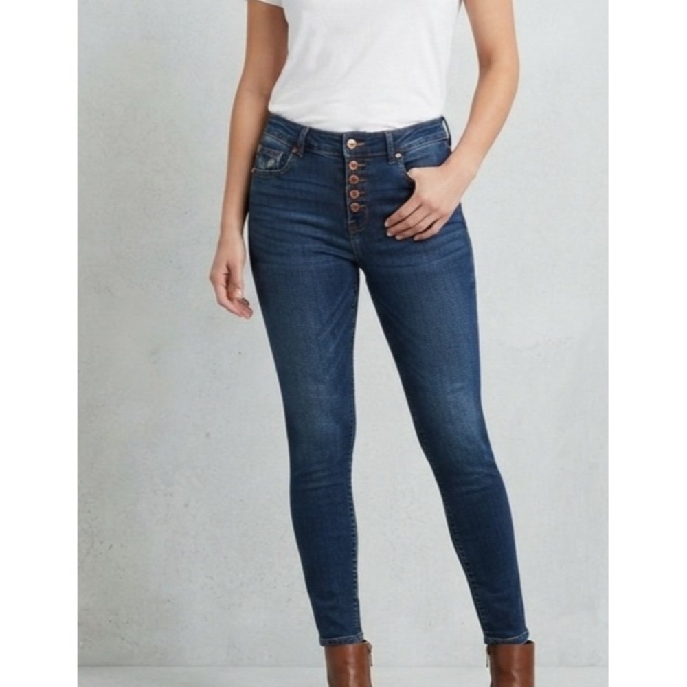 Edgely High-Rise Super Skinny Exposed Button Fly Dark Wash Jeans 14W LONG